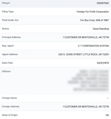 Arkansas corporation details for Walmart Inc. listing officers and state of origin Delaware