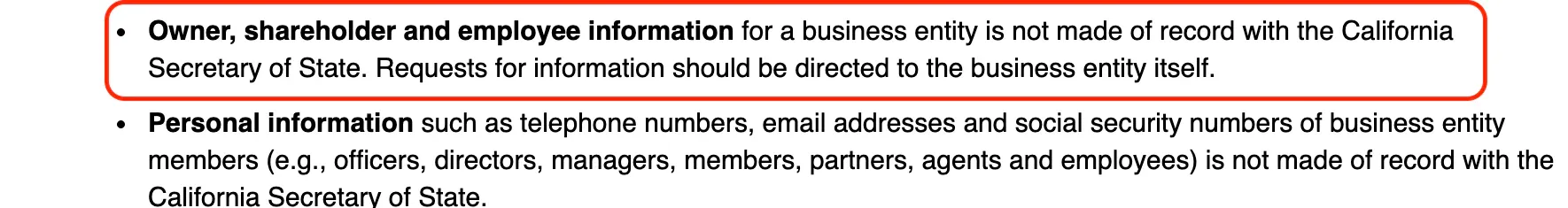 California Secretary of State guidance stating that owner and shareholder information is not made of record