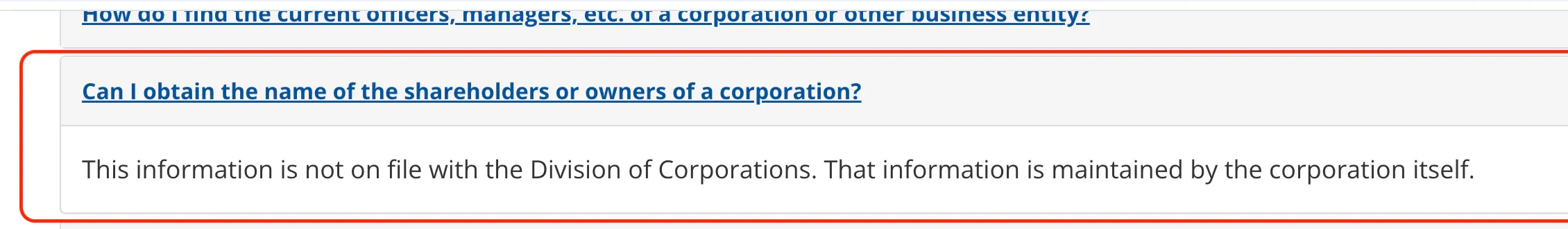 Delaware Division of Corporations FAQ saying corporation shareholder or owner names are not on file