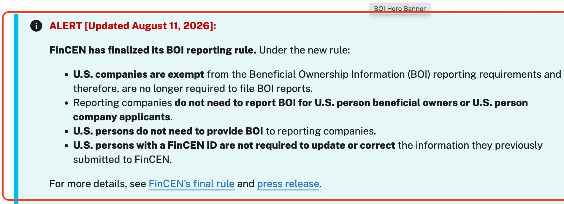 FinCEN BOI page alert dated August 11, 2026 stating that U.S. companies are exempt from BOI reporting