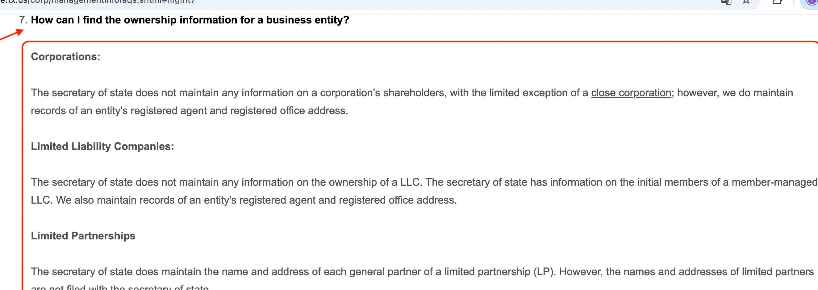 Texas Secretary of State FAQ saying it does not maintain LLC ownership information and may have initial member information
