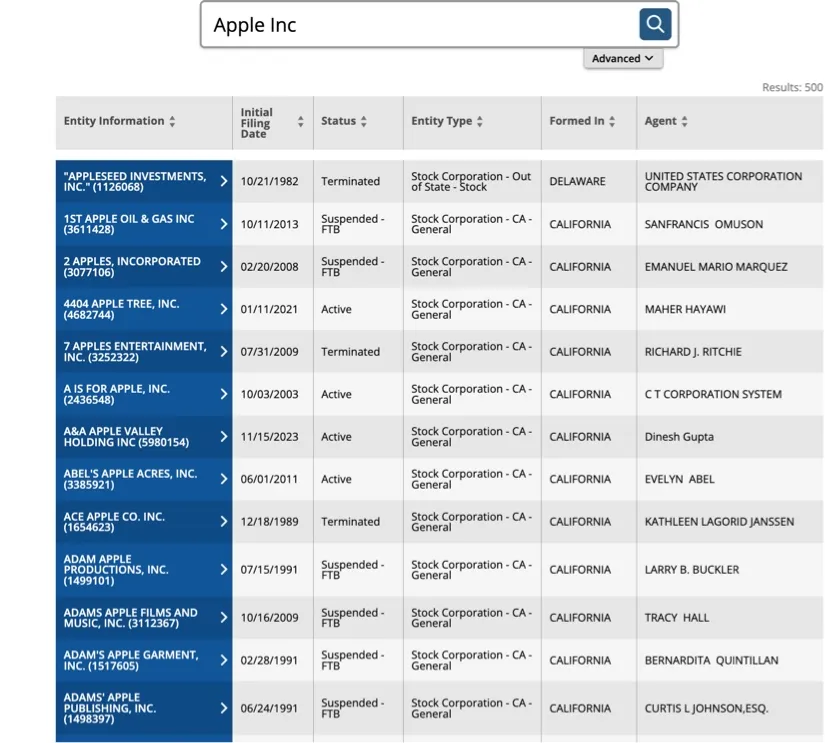 California business search results for Apple Inc showing 500 results with Terminated and Suspended statuses