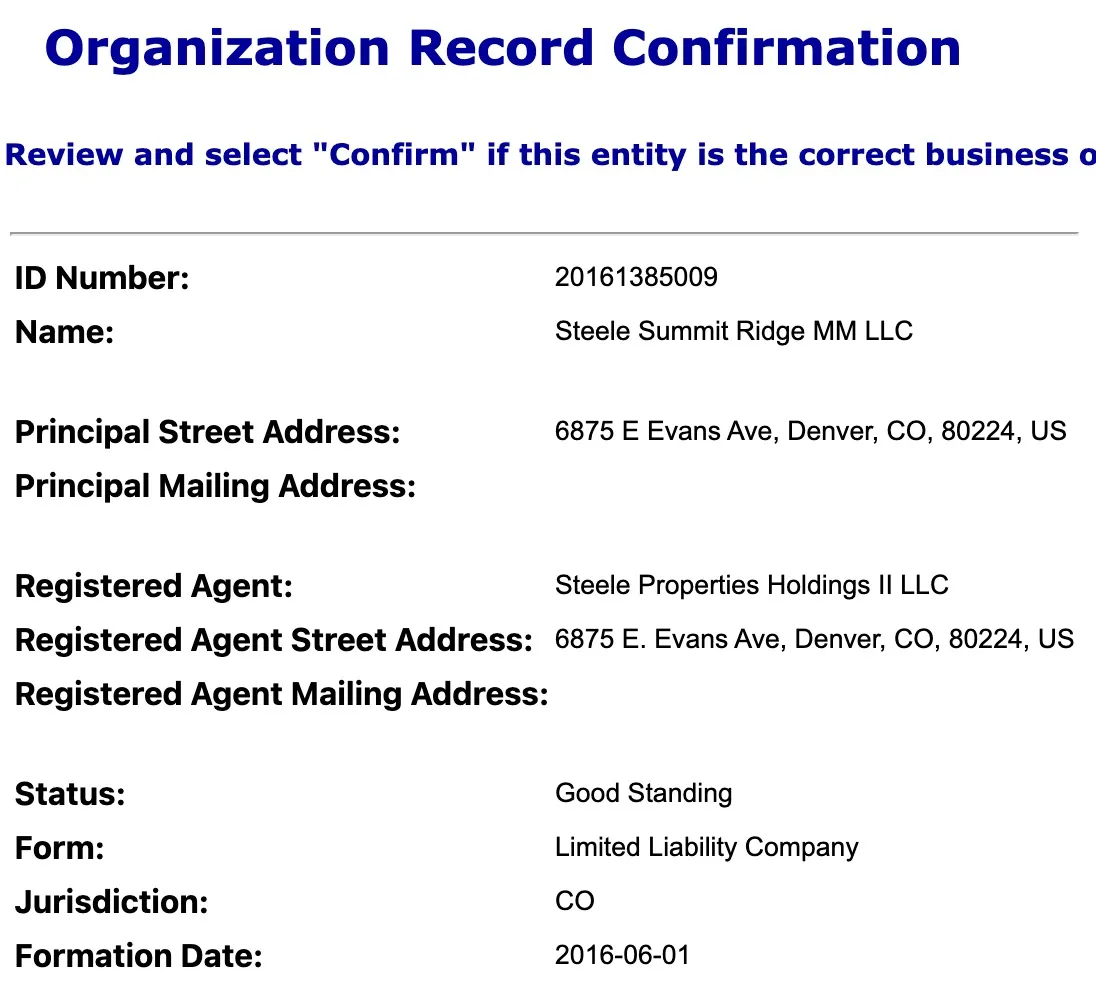 Colorado Secretary of State organization record confirmation for an LLC showing ID number, Good Standing status and registered agent