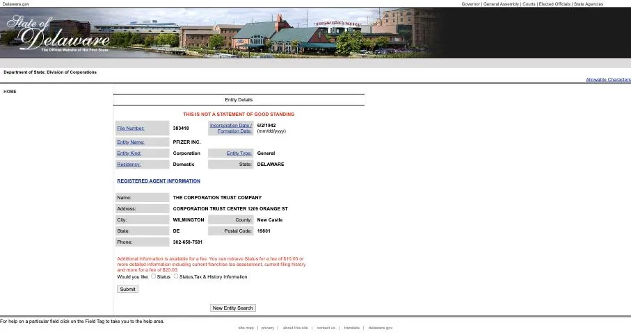 Delaware Division of Corporations free entity page for Pfizer Inc. with the not-a-statement-of-good-standing notice