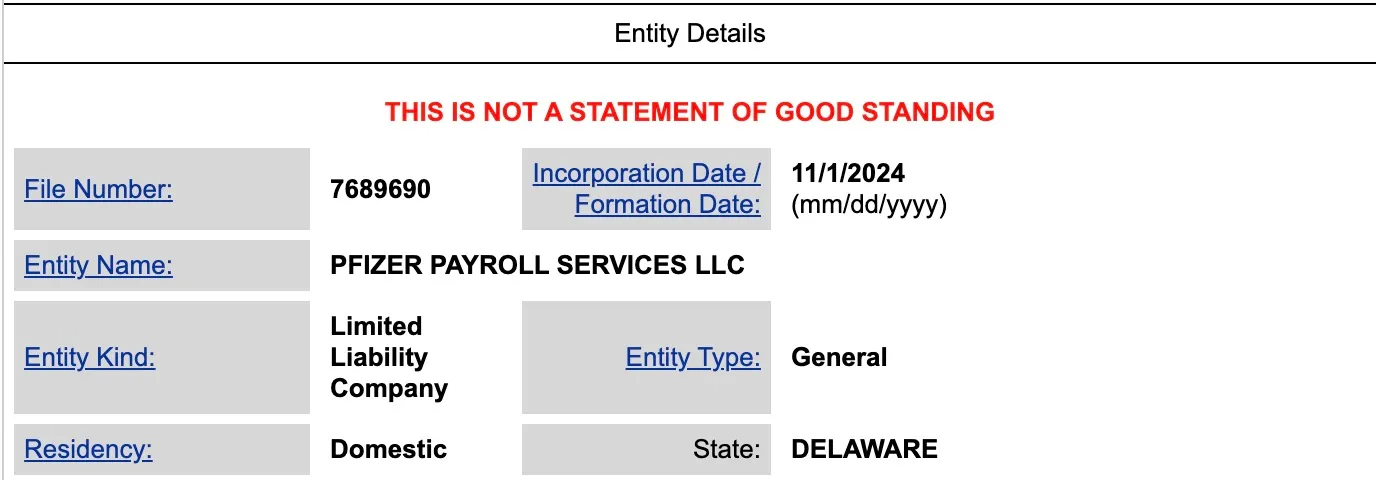 Delaware Division of Corporations free LLC entity page with the not-a-statement-of-good-standing notice and no status field