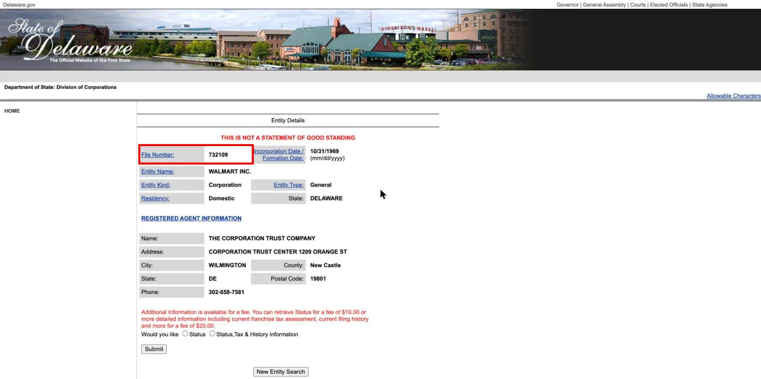 Delaware Division of Corporations entity details for Walmart Inc. with the File Number field highlighted