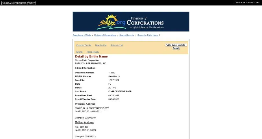 Florida Sunbiz detail page for Publix Super Markets, Inc. listing officer titles