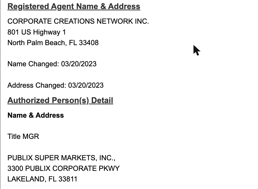 Florida Sunbiz LLC record showing the Authorized Person(s) Detail section with title MGR and a company as the authorized person
