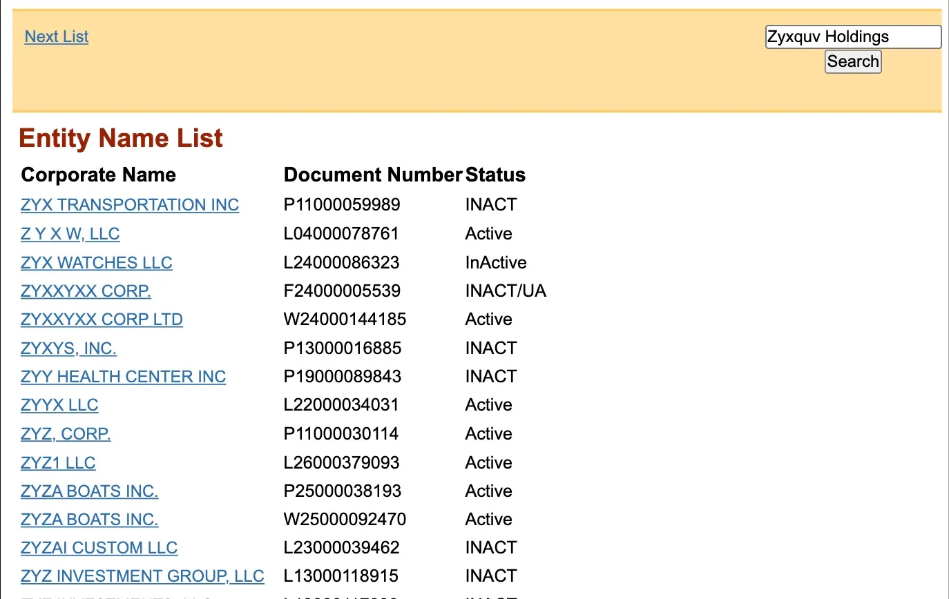 Florida Sunbiz results for a made-up name listing the alphabetically nearest entities instead of a no-records message