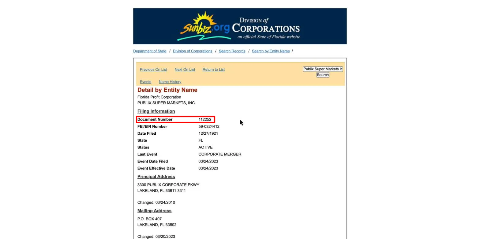 Florida Sunbiz detail page for Publix Super Markets, Inc. with the Document Number row highlighted
