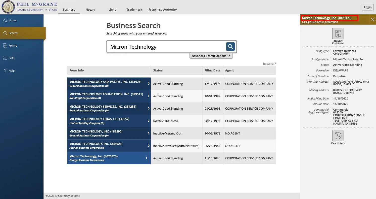 Idaho SOSBiz business search for Micron Technology with the record number shown in parentheses after the entity name