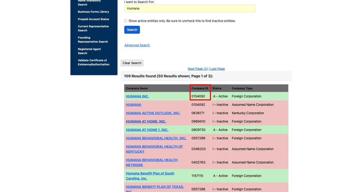 Kentucky business entity search results showing the Company ID column for Humana Inc.