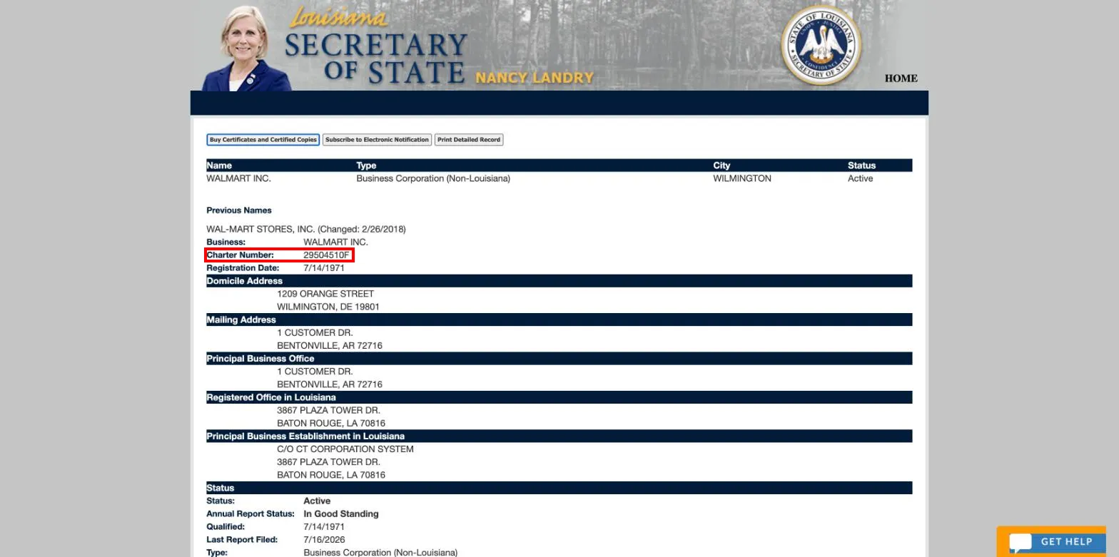 Louisiana Secretary of State commercial database record for Walmart Inc. with the Charter Number row highlighted