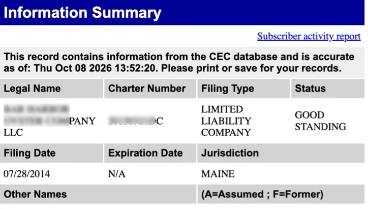 Maine corporate name search LLC record showing charter number, Good Standing status and the Clerk/Registered Agent field