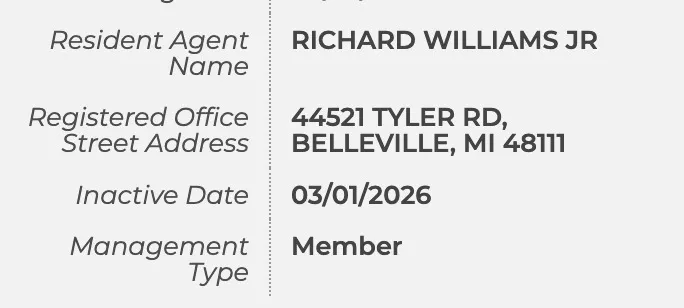 Michigan LARA LLC record panel showing Management Type: Member with no member names