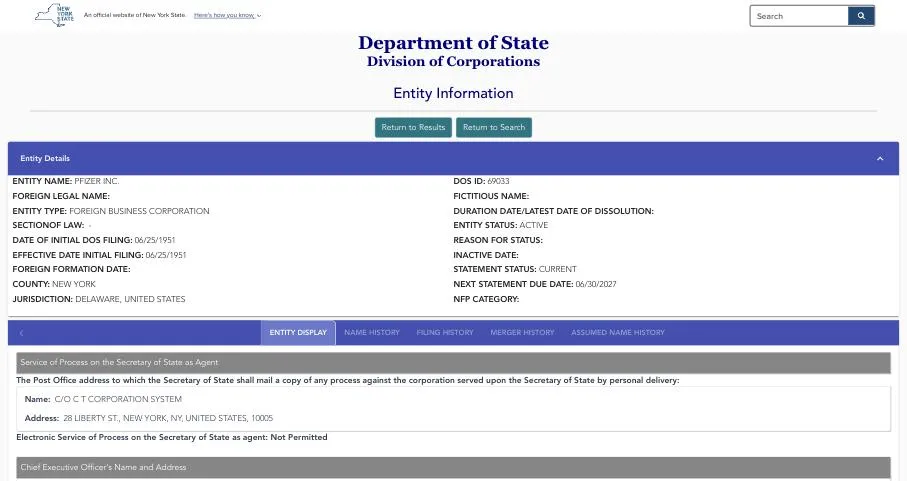 New York Department of State record for Pfizer Inc. showing DOS ID, Foreign Business Corporation and jurisdiction Delaware