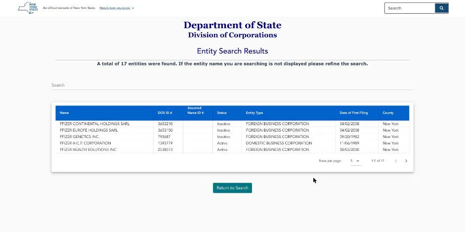 New York entity search results for Pfizer listing 17 corporations with Active and Inactive status