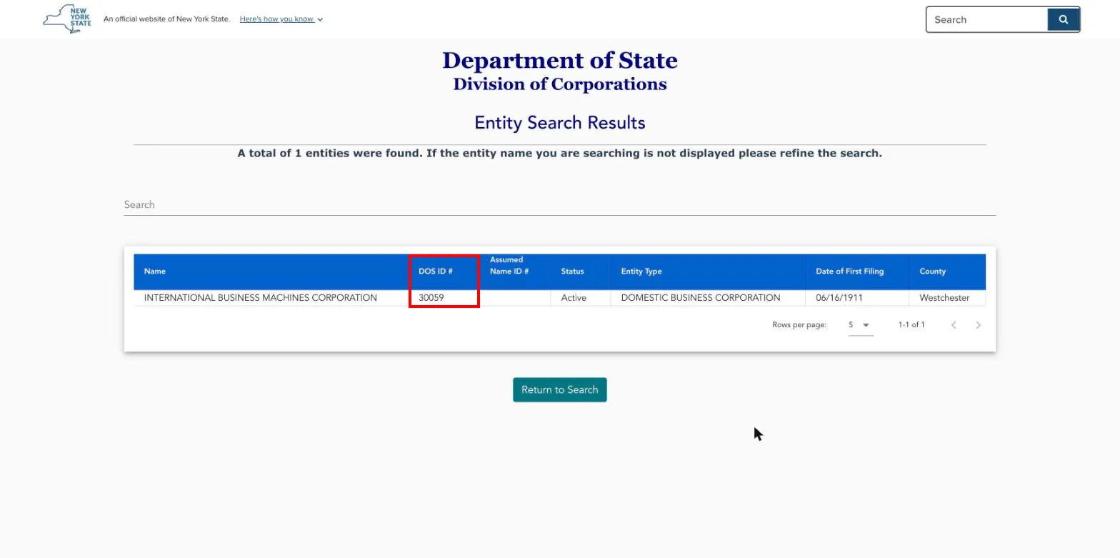 New York Department of State entity search results showing the DOS ID column for International Business Machines Corporation