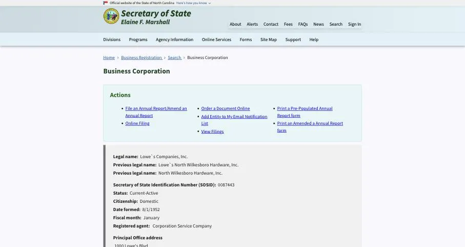 North Carolina SOS record for Lowe's Companies, Inc. with officer titles and stock table