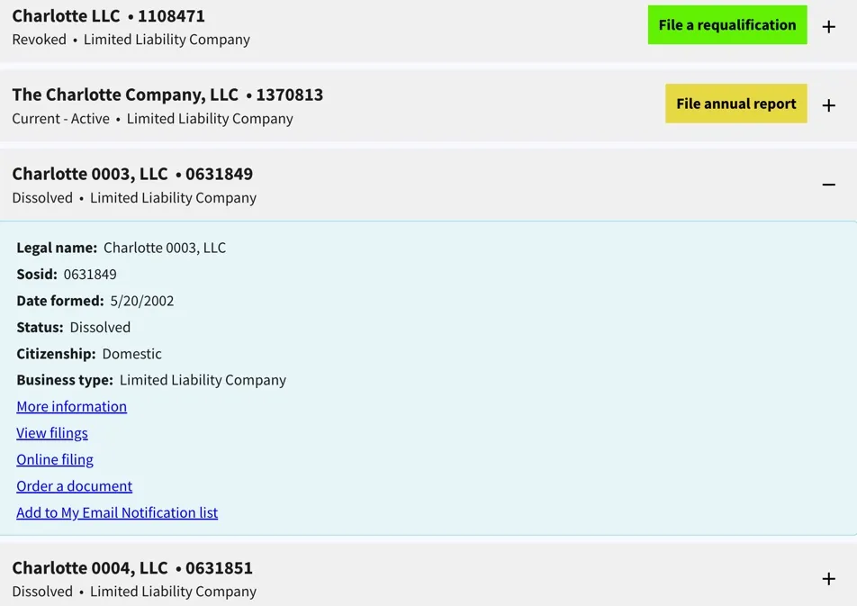 North Carolina search results showing Revoked, Dissolved and Current - Active entities side by side