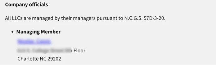 North Carolina Secretary of State LLC record showing the Company officials section with a Managing Member entry
