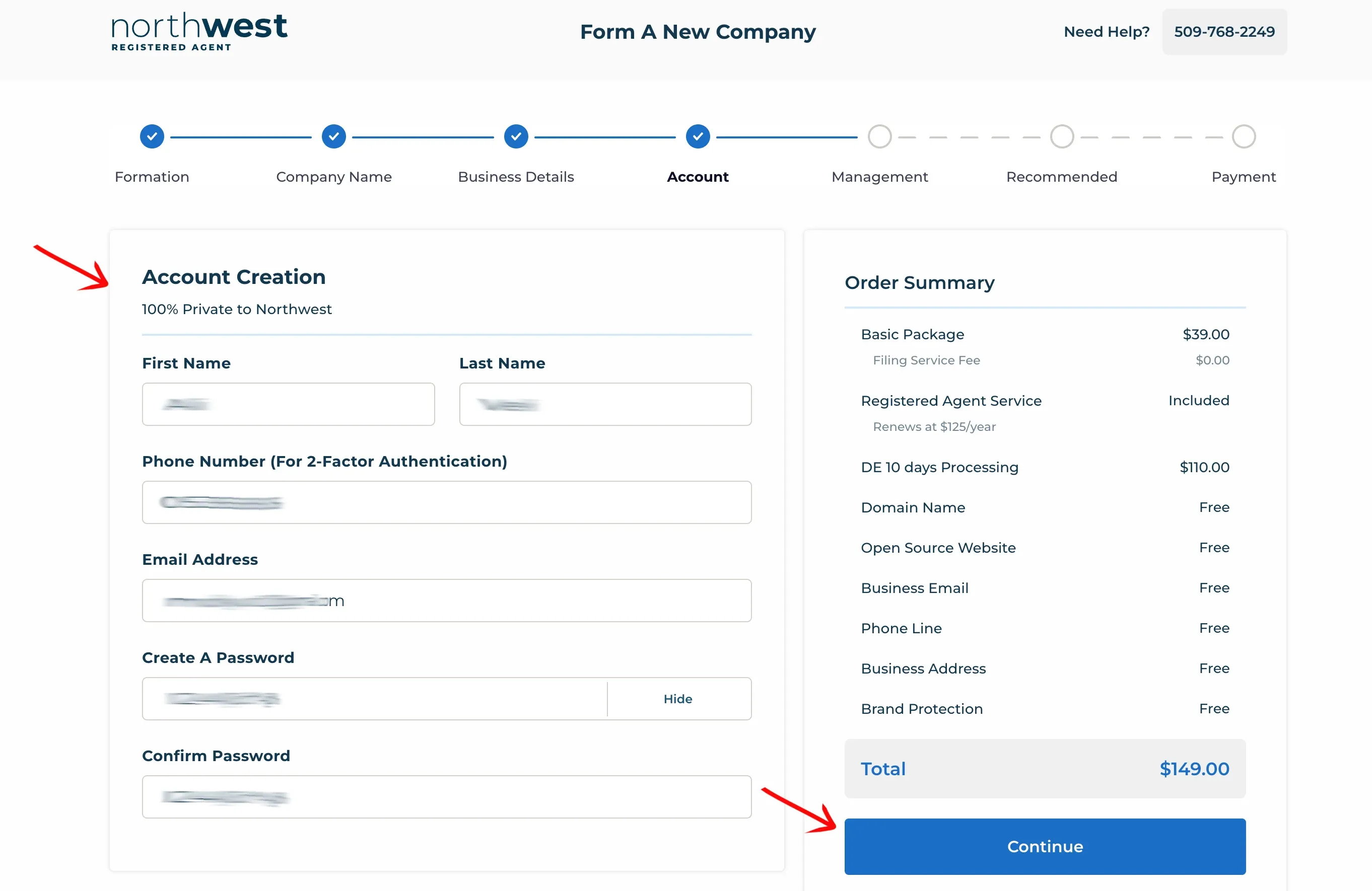 Account creation step of the Northwest formation wizard