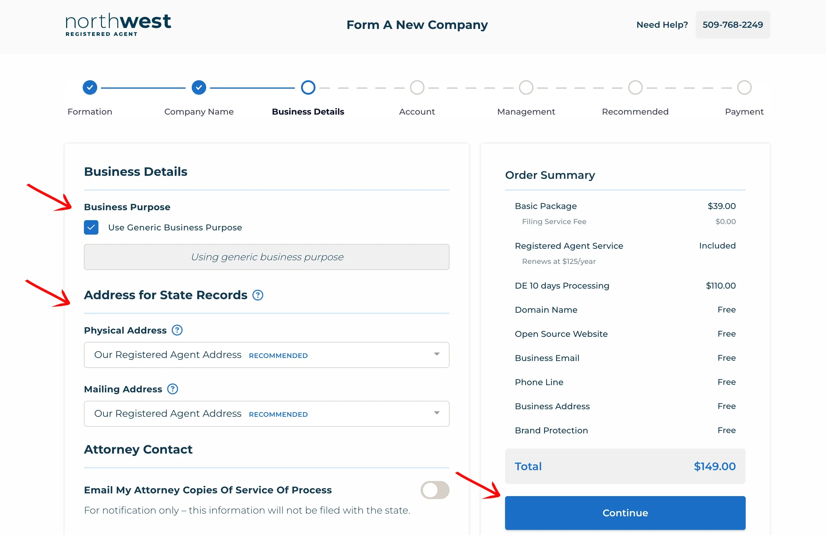 Business details step showing the registered agent address option for state records
