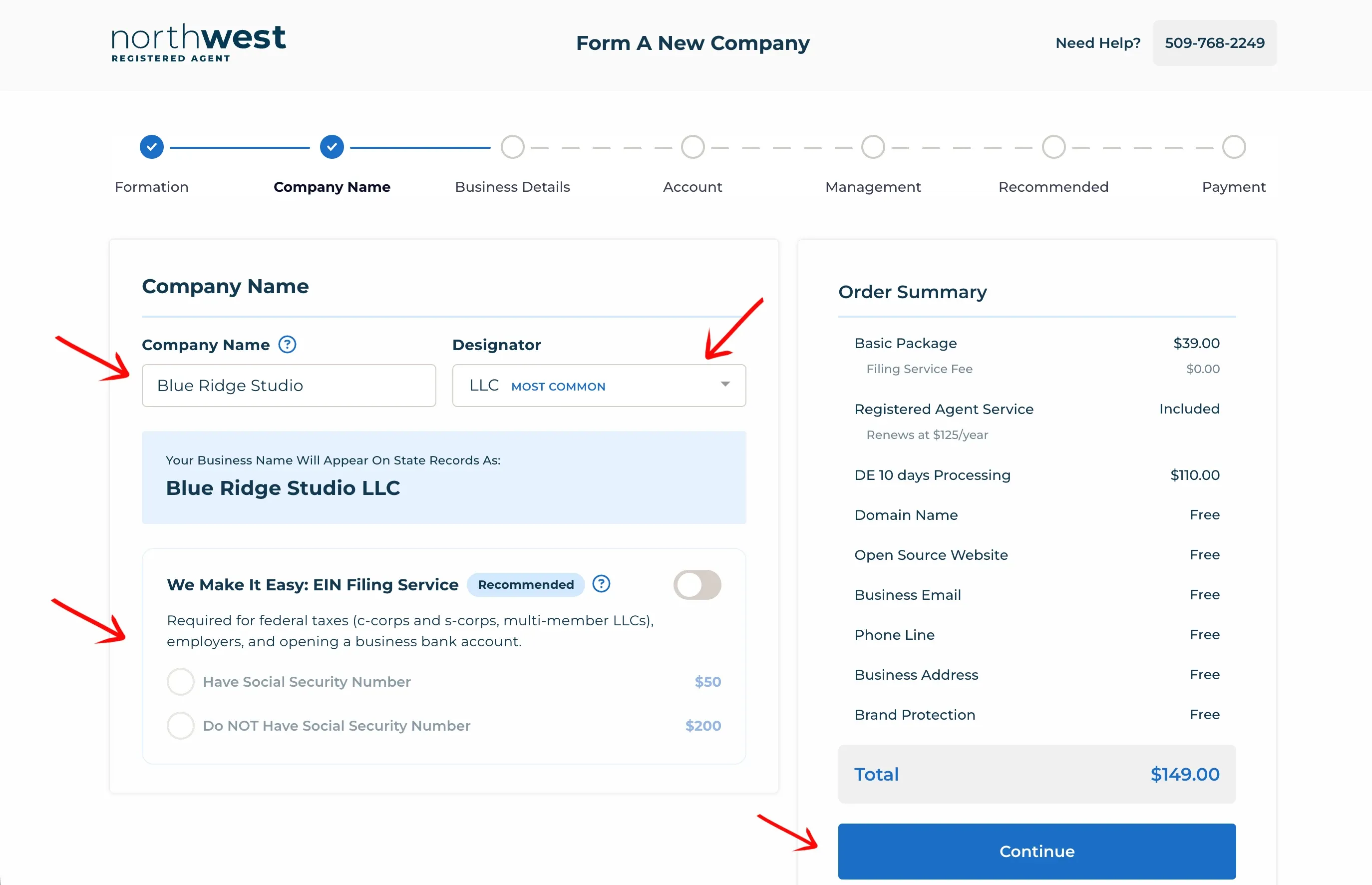 Entering the business name and choosing an LLC designator in the Northwest formation wizard