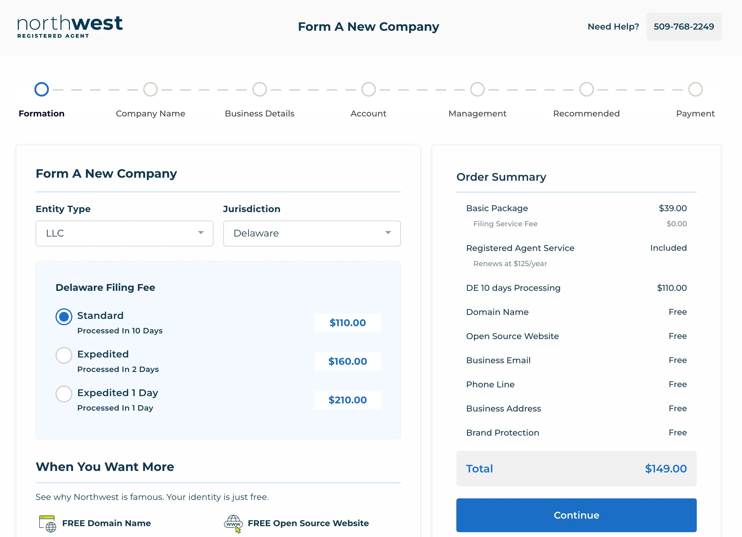 Choosing the entity type and state filing speed in the Northwest formation wizard
