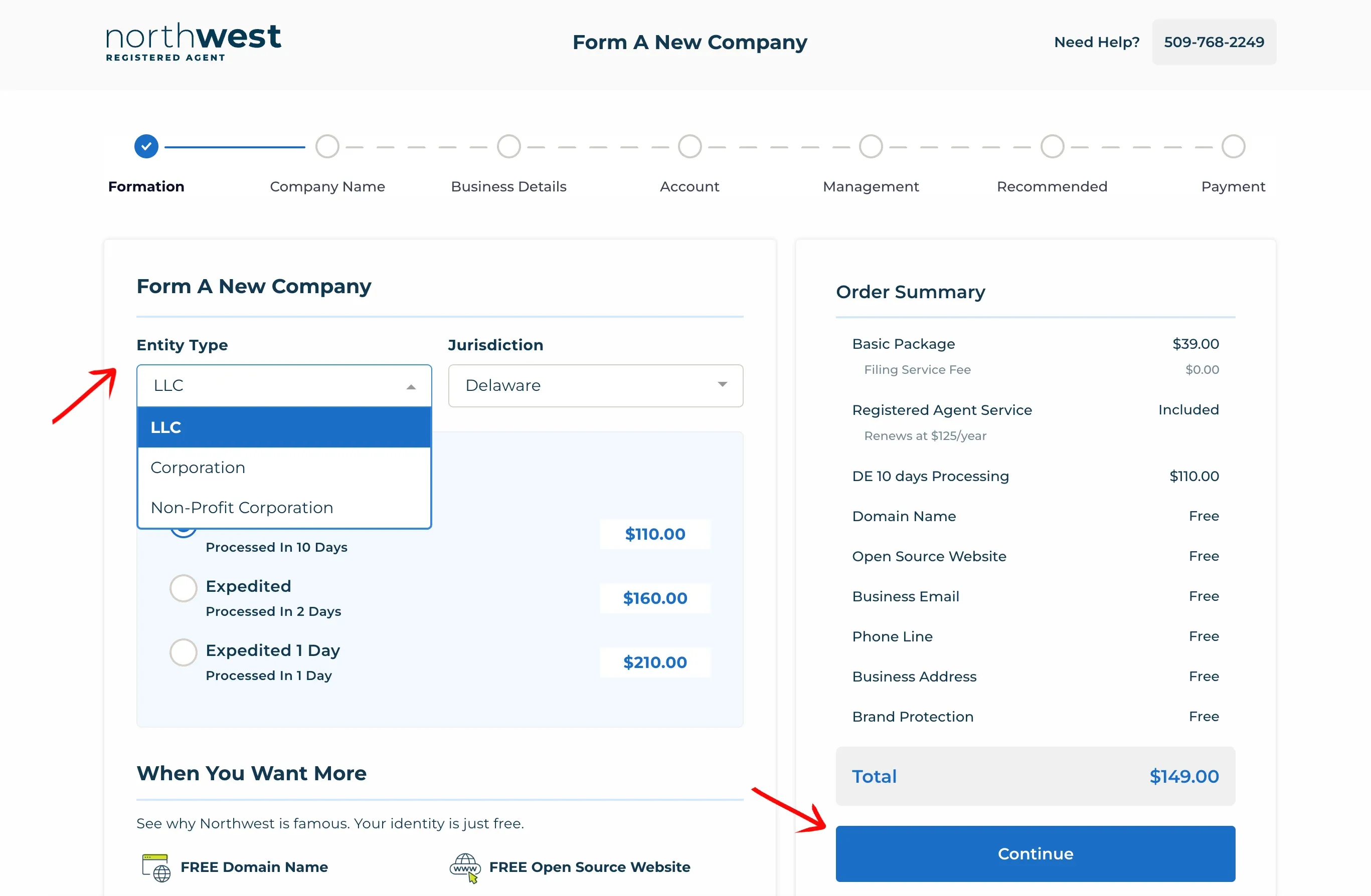 Entity type options (LLC, corporation, and nonprofit) in the Northwest formation wizard
