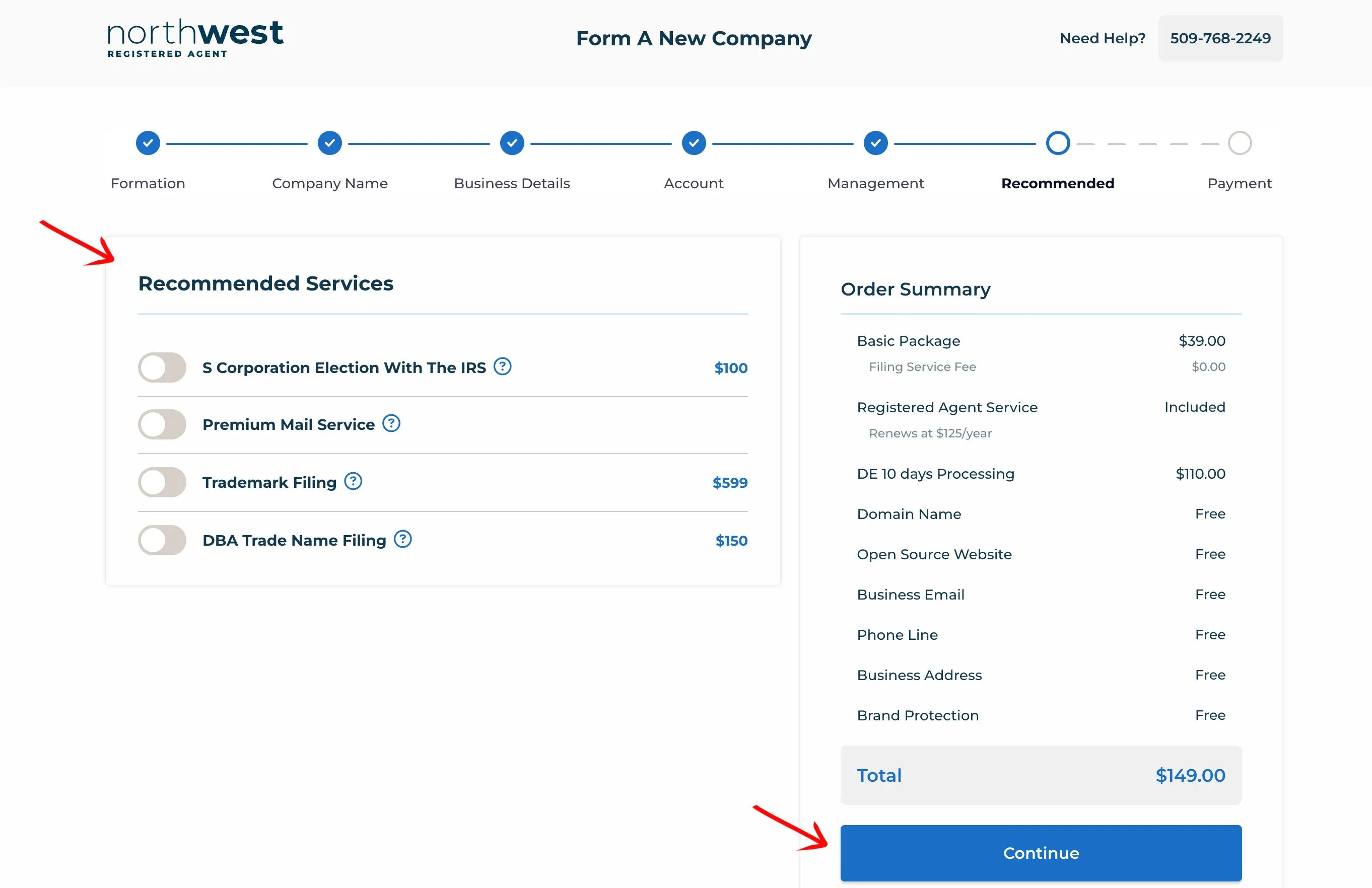 Optional add-on services step of the Northwest formation wizard with every toggle left off