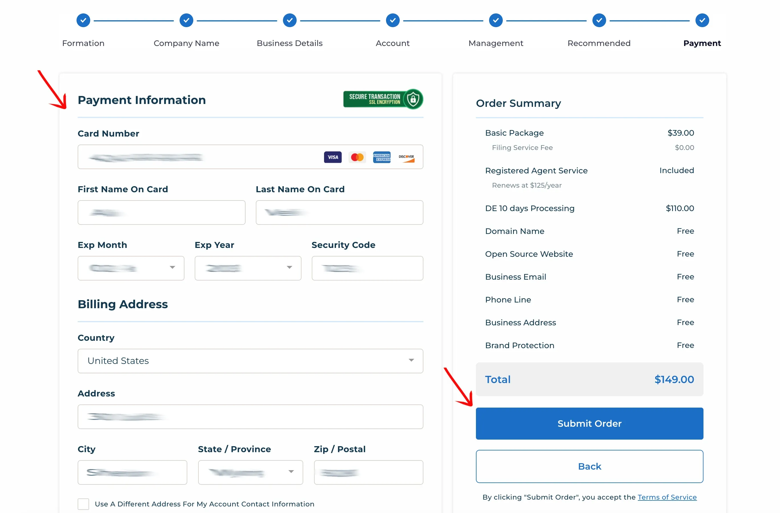 Payment information step of the Northwest formation wizard with SSL-secured checkout