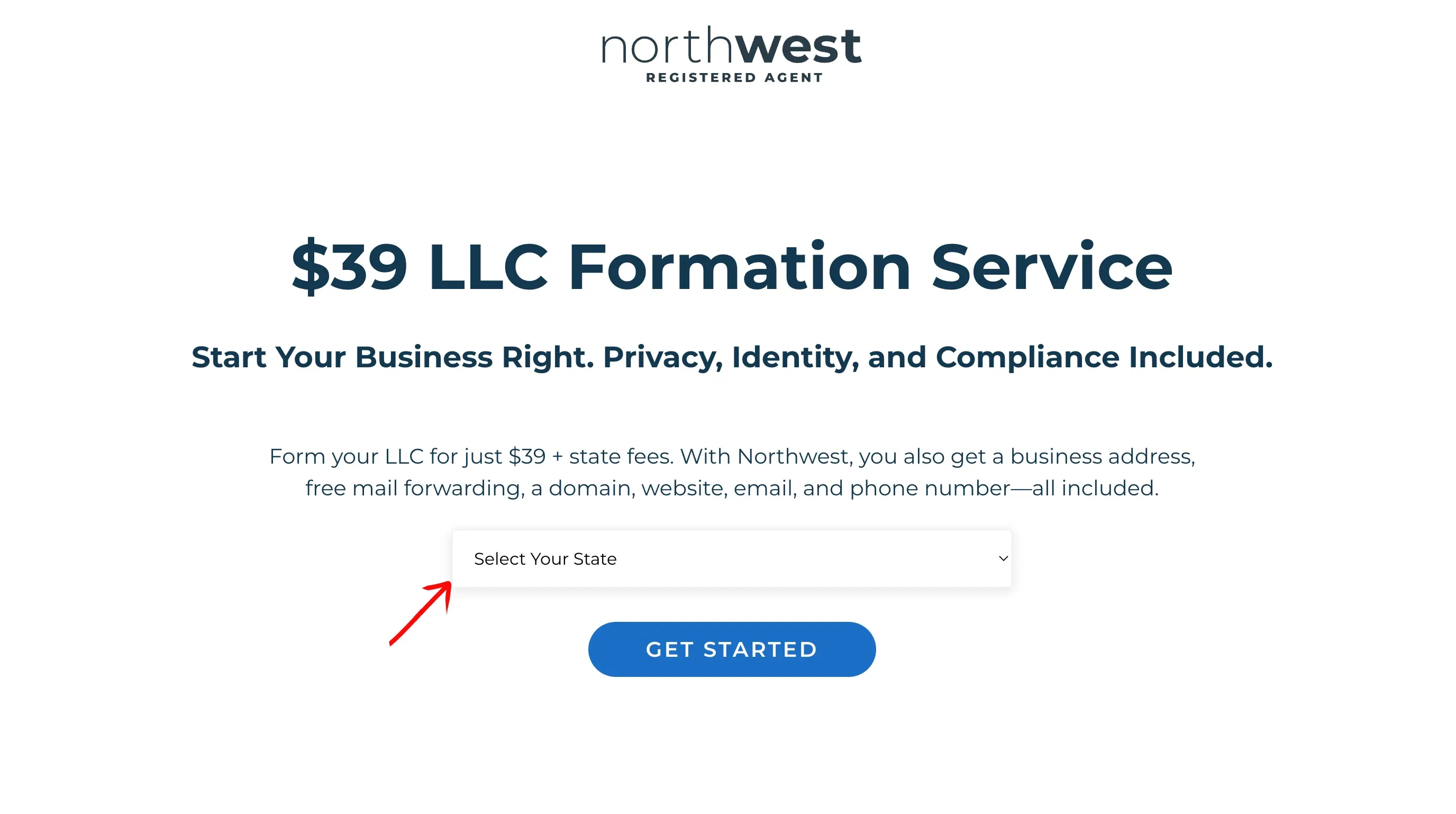 Northwest Registered Agent $39 LLC formation start screen with the state selection dropdown