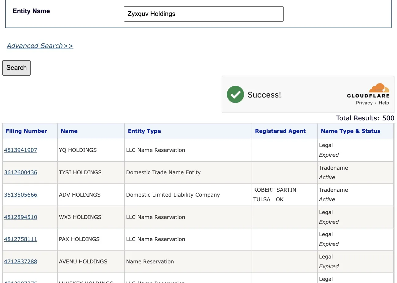 Oklahoma business entity search returning 500 fuzzy-matched results for the made-up name Zyxquv Holdings