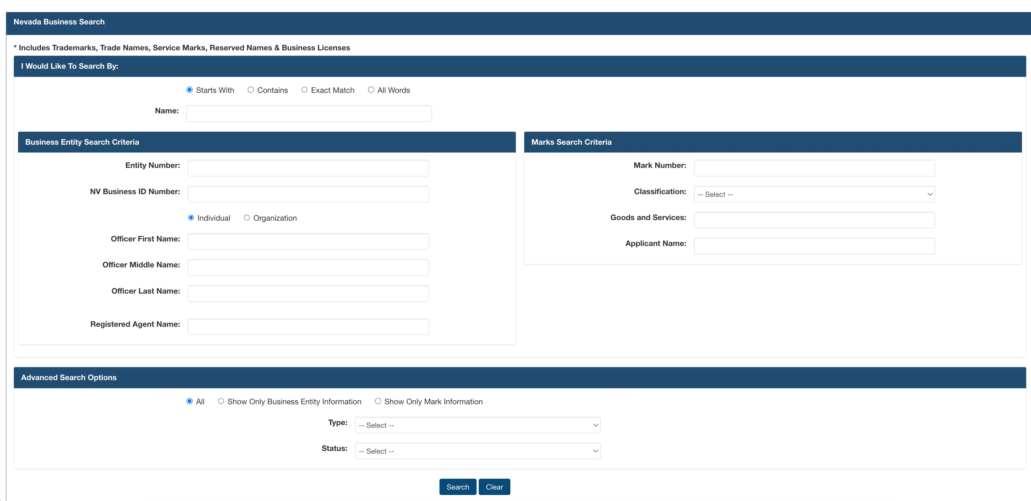 Nevada Secretary of State Online Entity Search portal landing page
