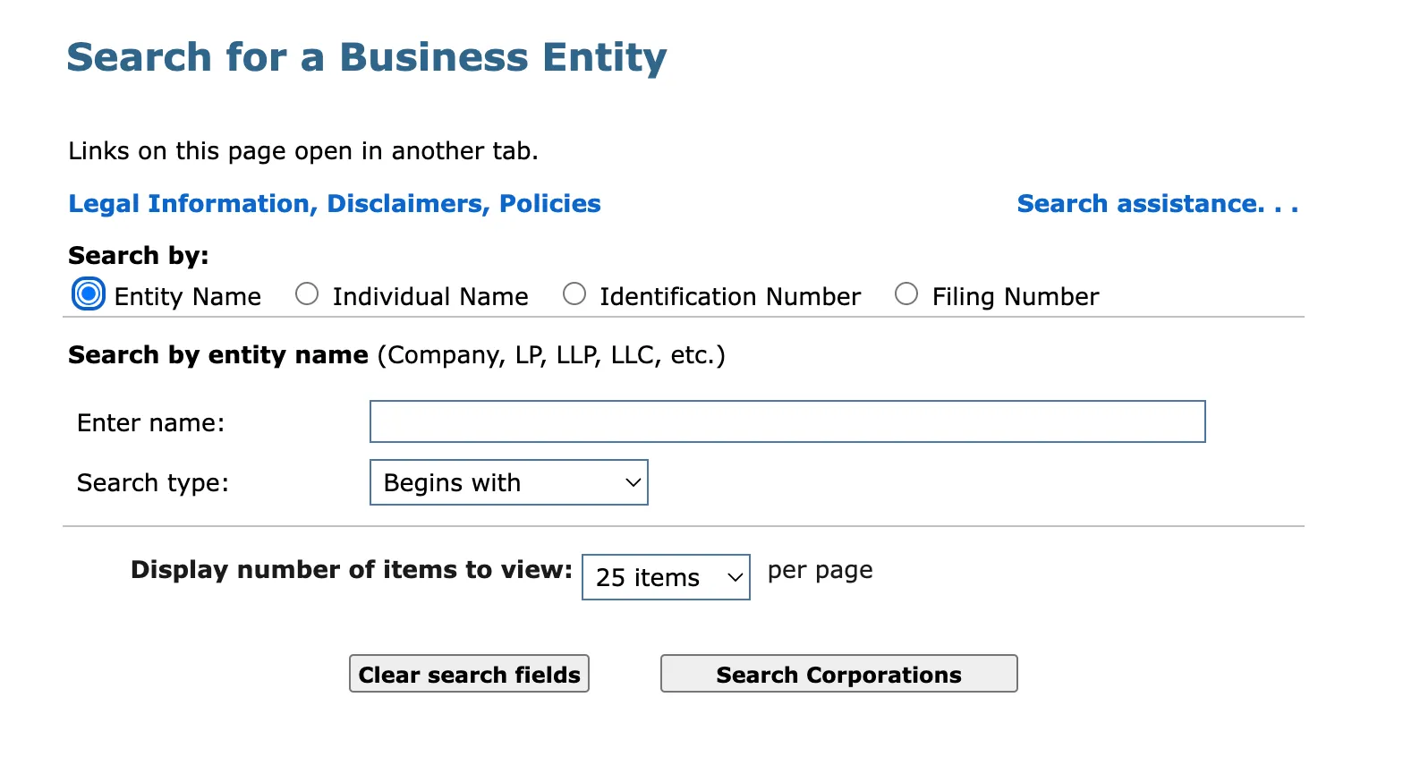 Massachusetts Corporations Online business entity search landing page