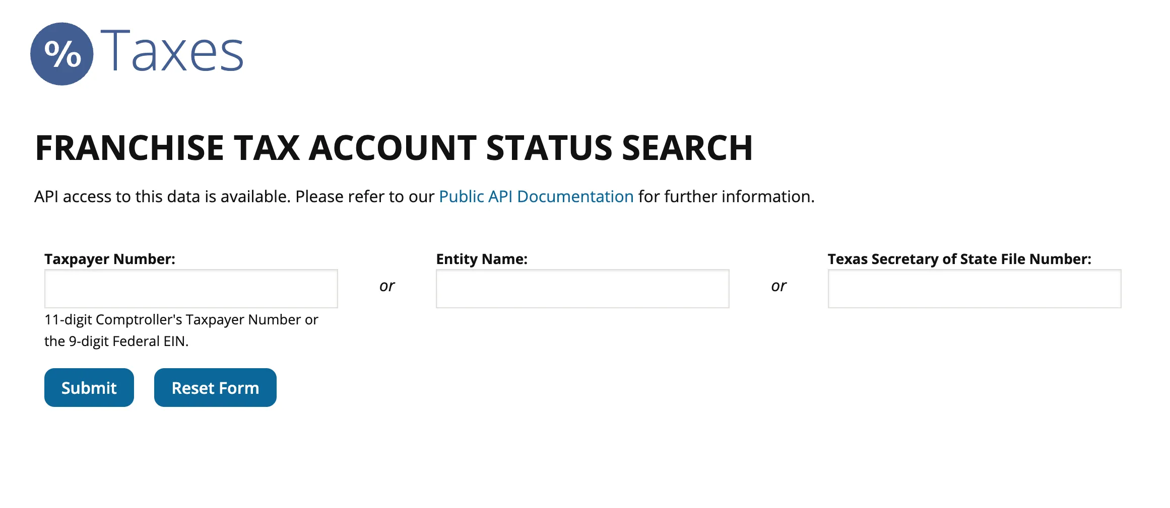 Texas Franchise Tax Account Status Search portal landing page