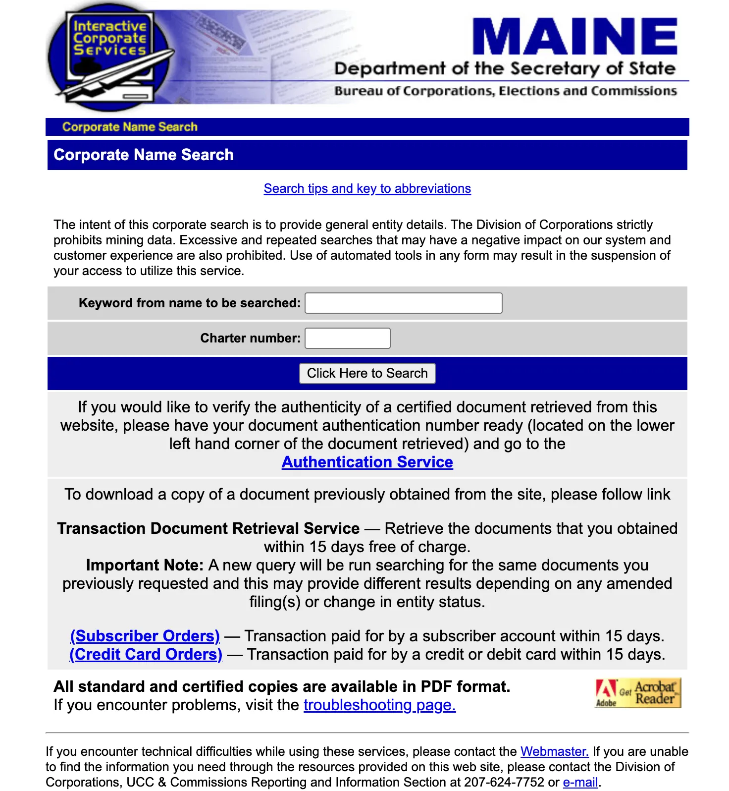 Maine Corporate Name Search portal landing page