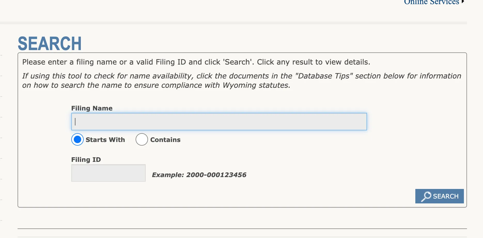 Wyoming WyoBiz search page showing Filing Name, Filing ID, Starts With, Contains, and Search controls