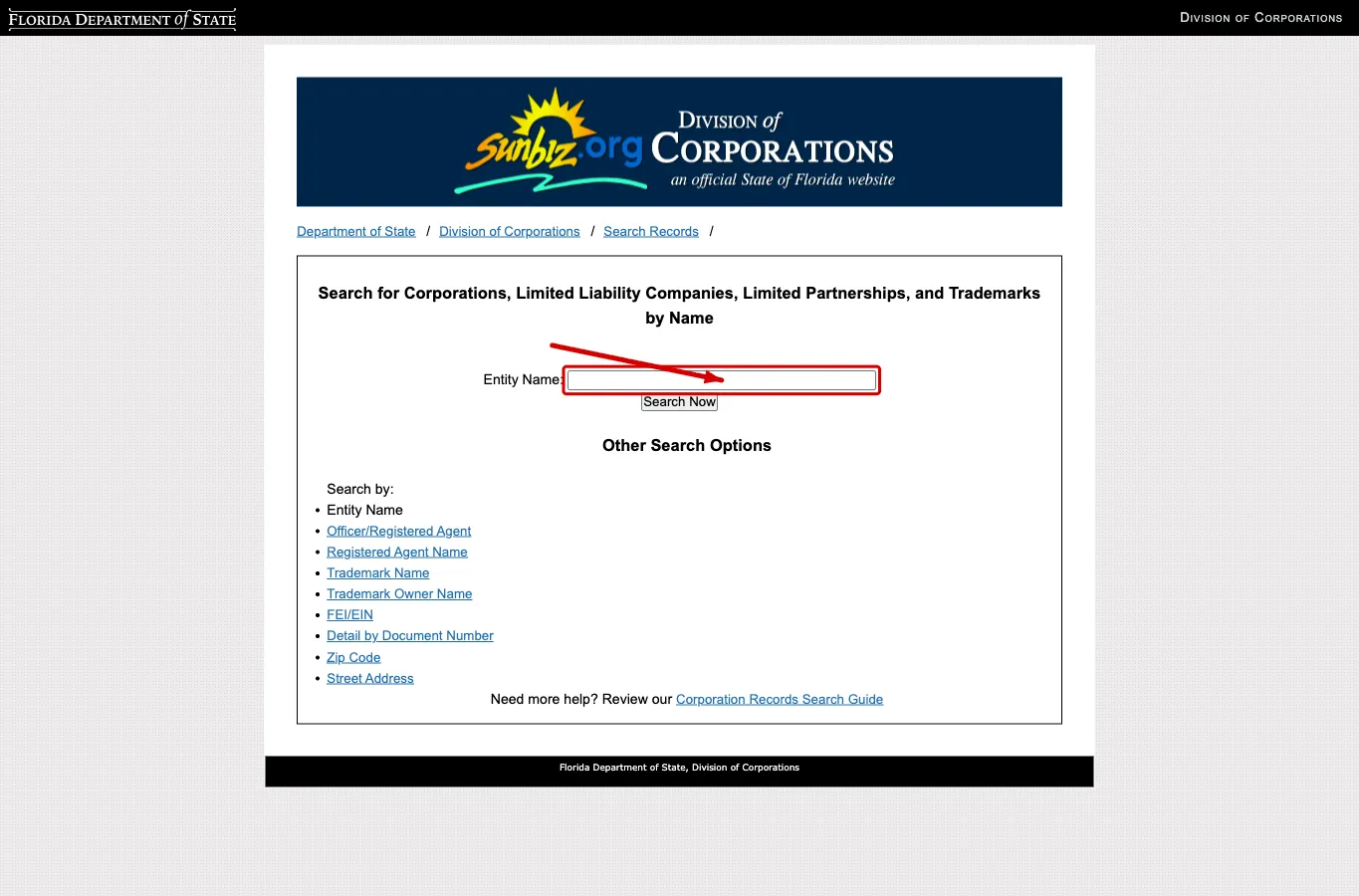 Florida Division of Corporations Sunbiz portal homepage