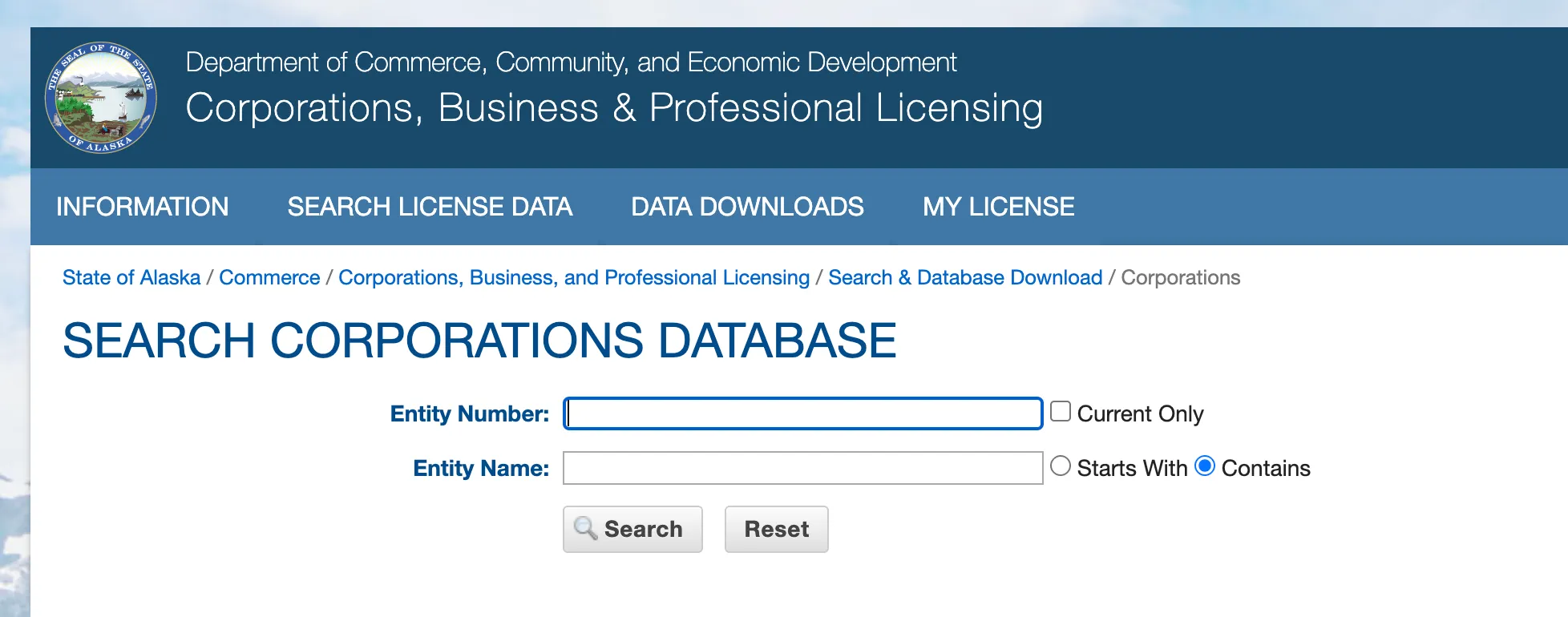 Alaska Corporations Database search portal