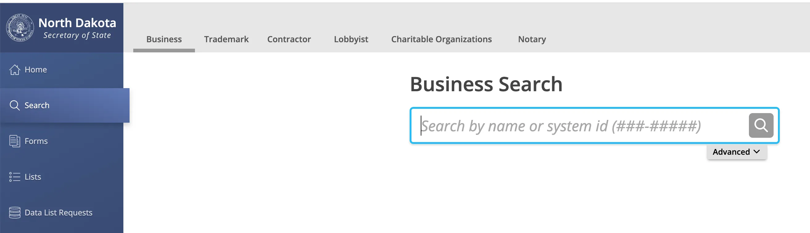 North Dakota Business Search portal landing page