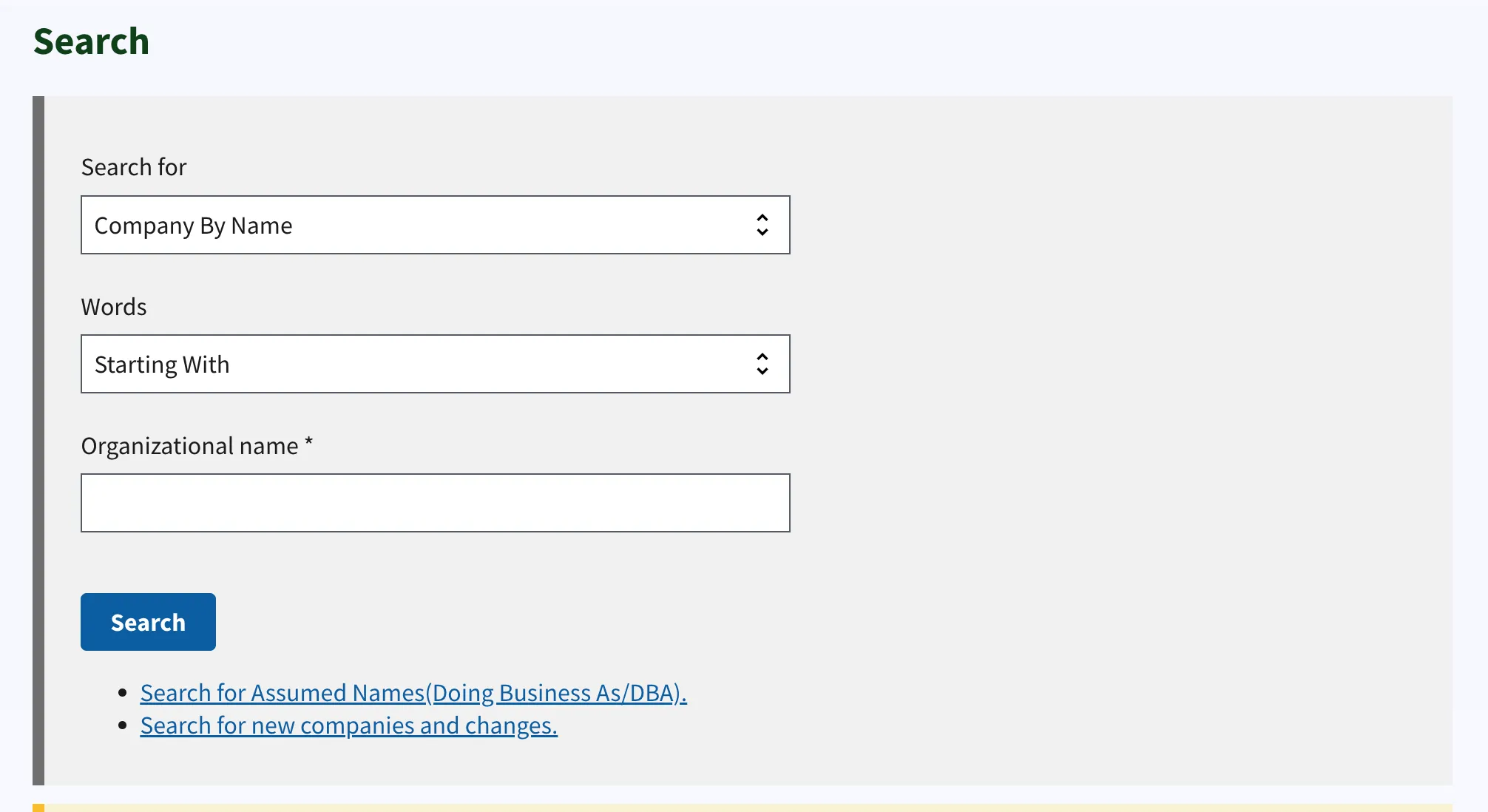 North Carolina Business Entity Search portal landing page