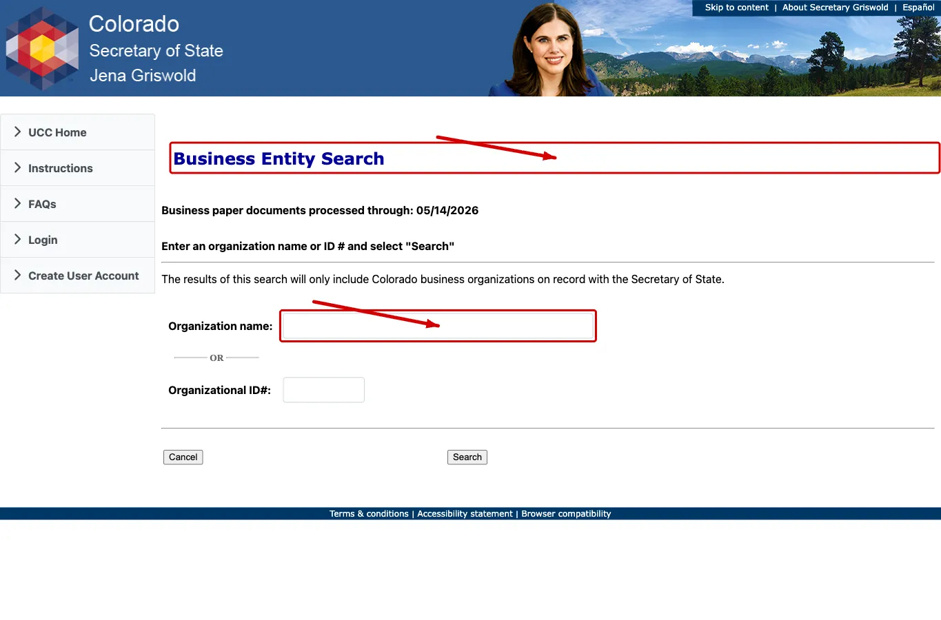 Colorado Secretary of State Business Entity Search page