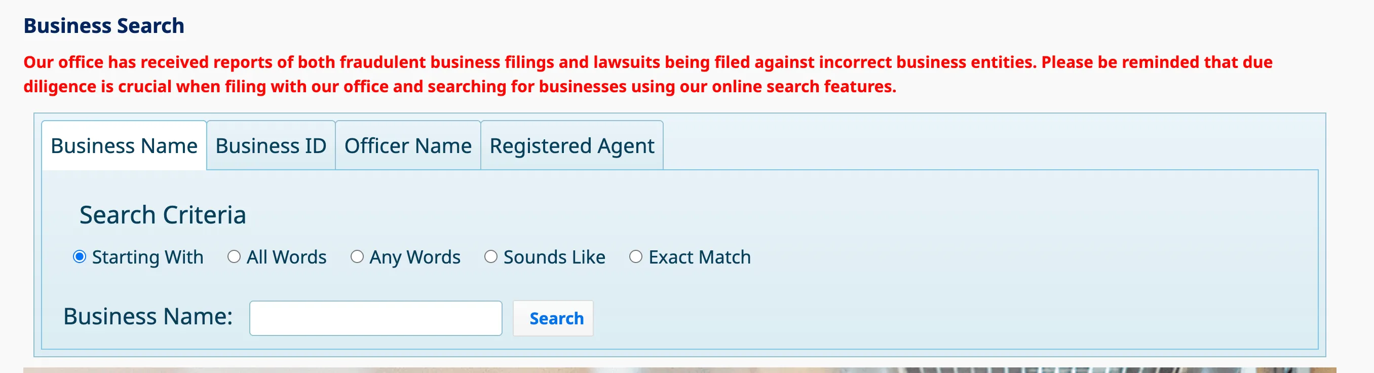 Mississippi Secretary of State Business Entity Search landing page