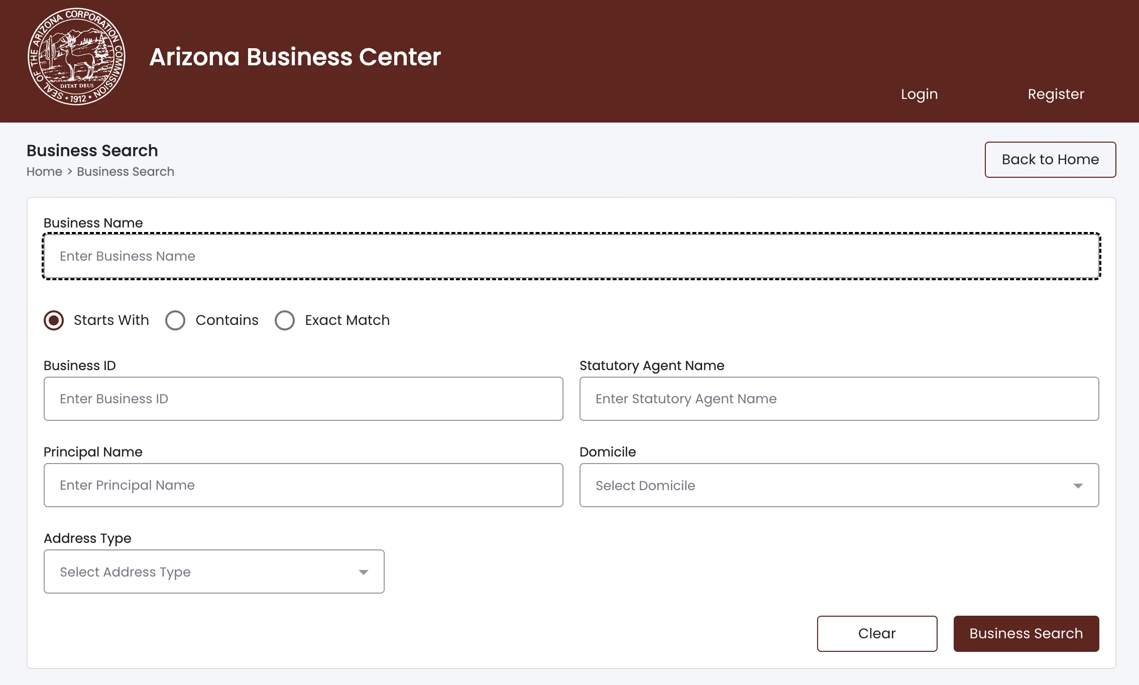 Arizona Corporation Commission eCorp Business Search page