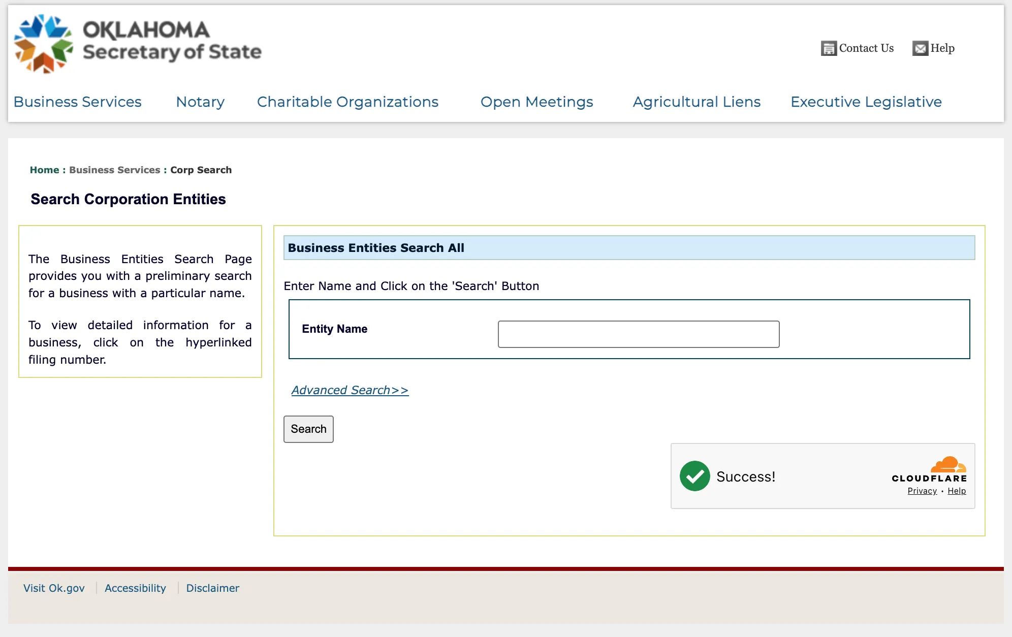 Oklahoma Business Entity Search portal landing page