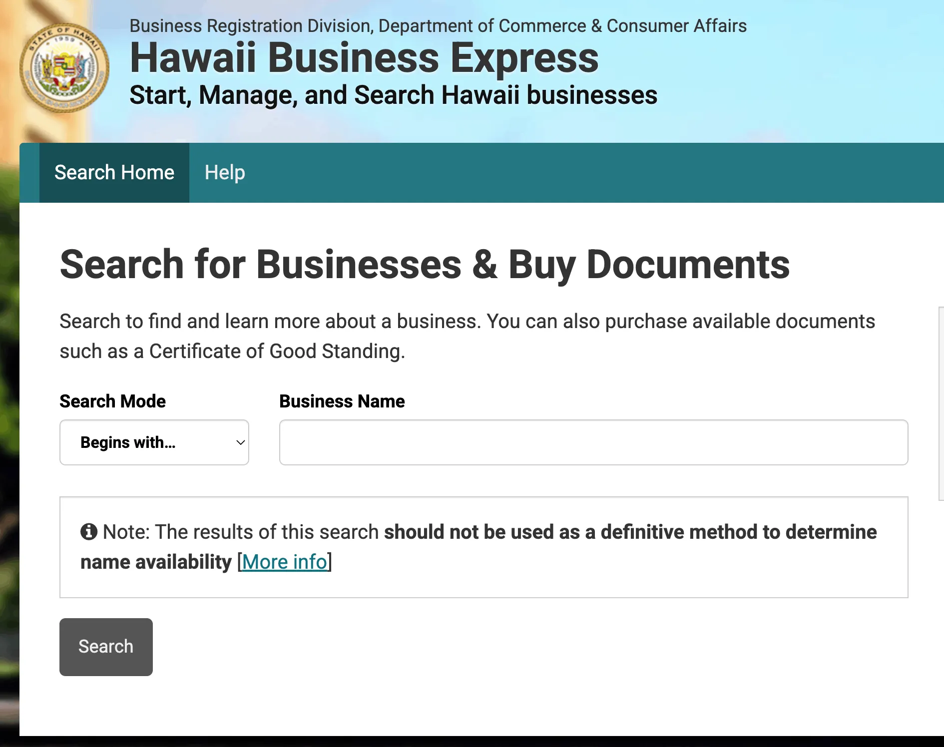 Hawaii Business Express search portal