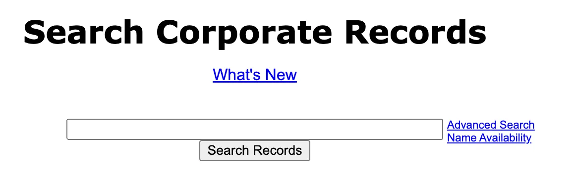 Wisconsin Search Corporate Records page with a search box, Advanced Search link, and Name Availability link
