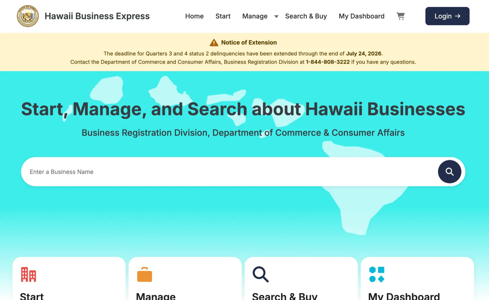 Hawaii Business Express portal homepage with the business name search bar